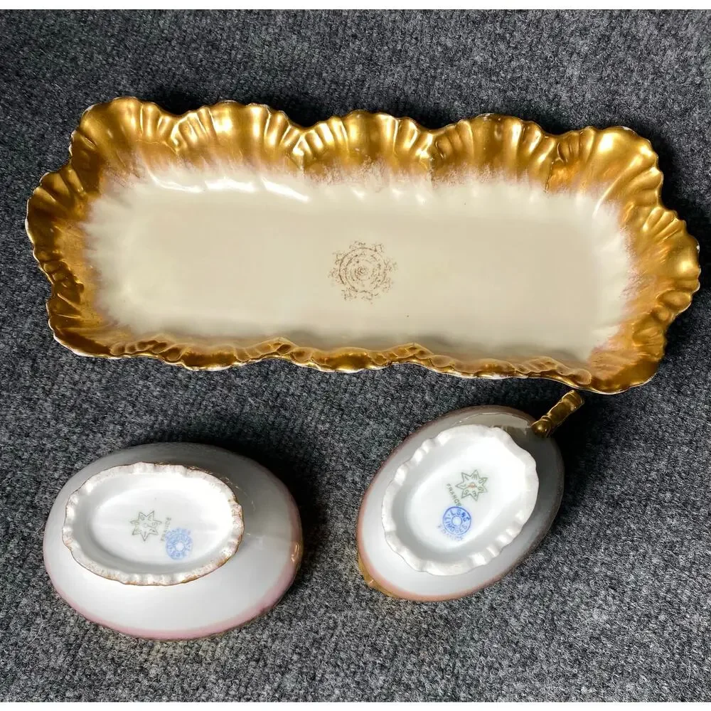 Haviland Limoges Porcelain Gold Gilded Creamer & Sugar Bowl w/Plate Set c1900